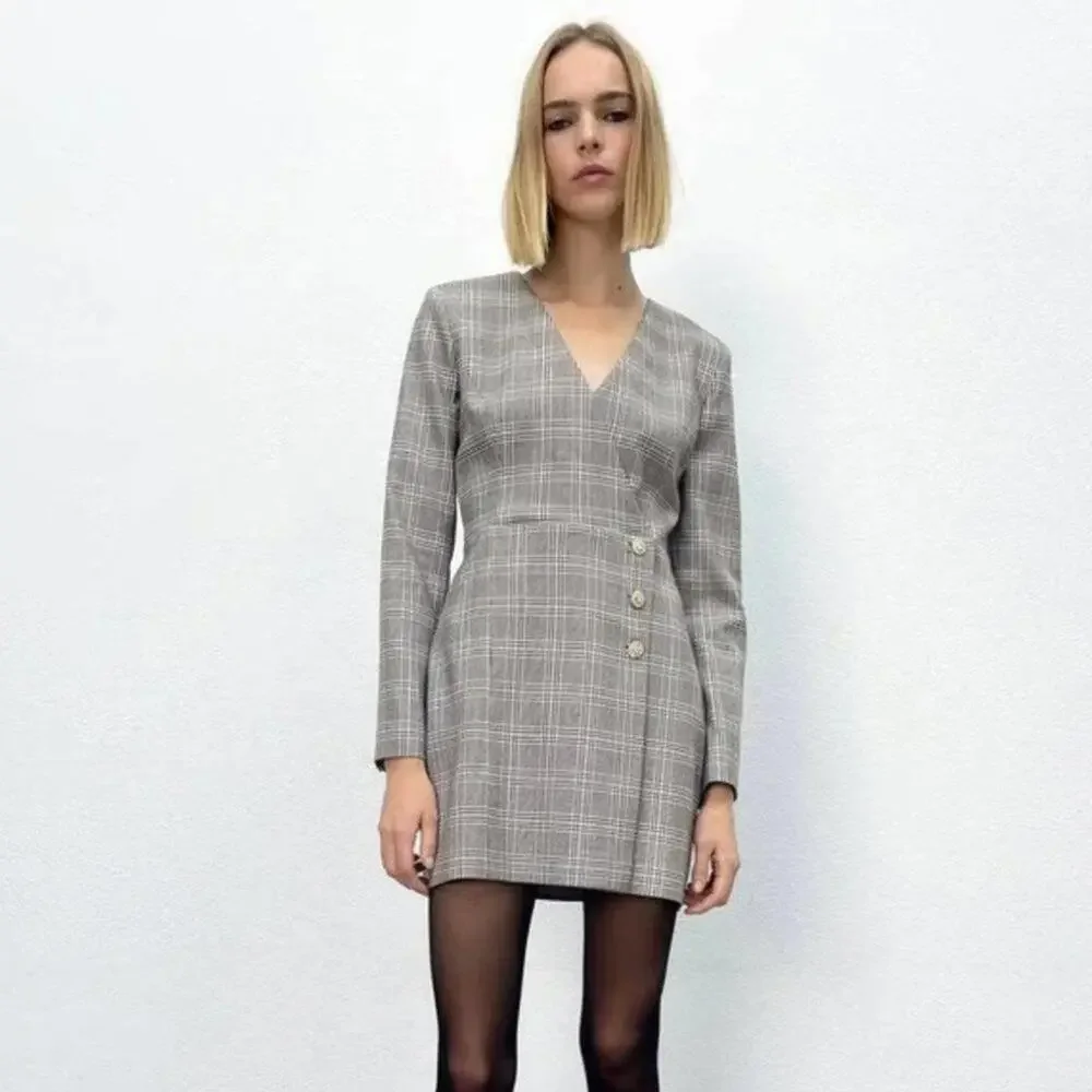 Zara Plaid Blazer Mini Dress Jeweled Buttons Long Sleeve Size S NWT - Picture 1 of 12